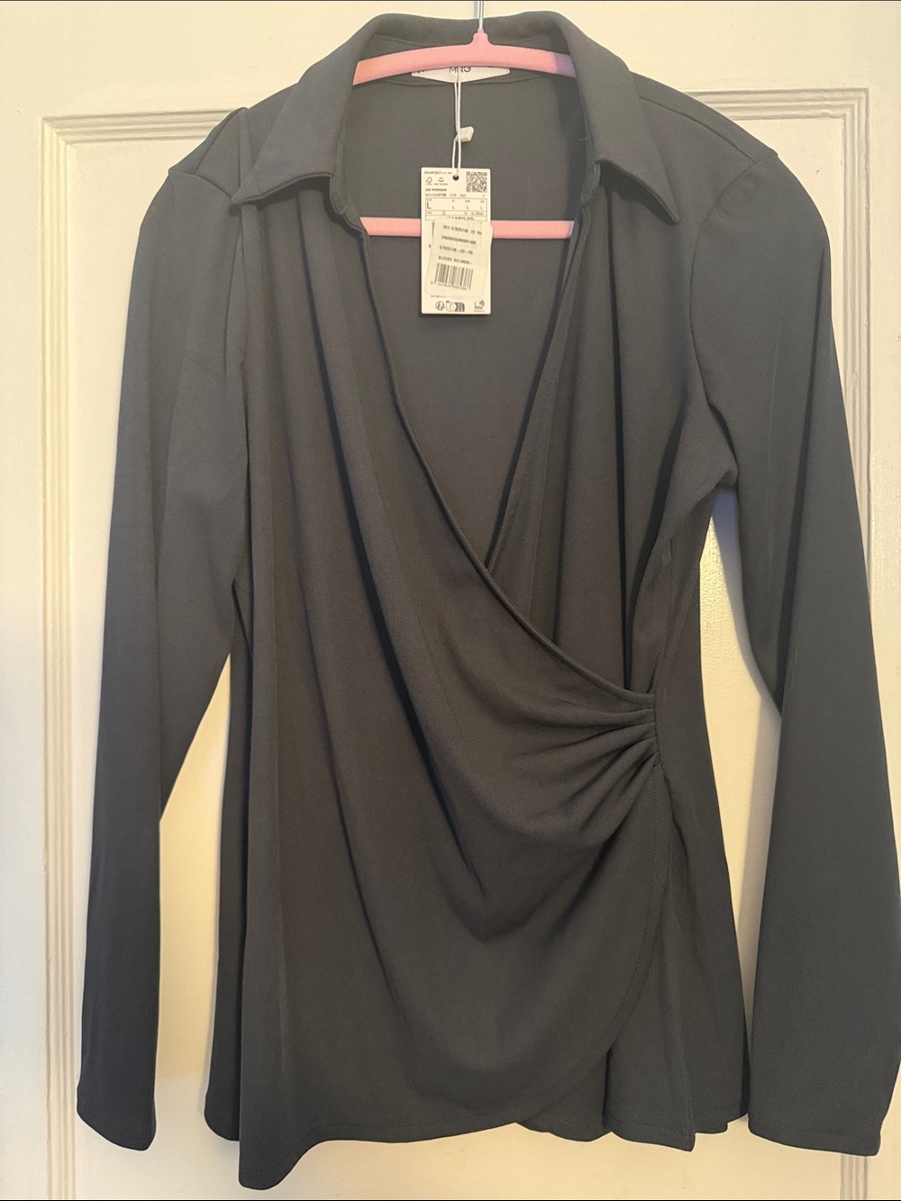 Mango Charcoal Draped Wrap-Front Long Sleeve Top